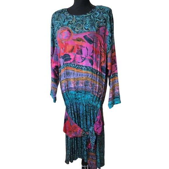 VTG Carole Little Vibrant Print Blouson Drop Waist Dress - Picture 15 of 15